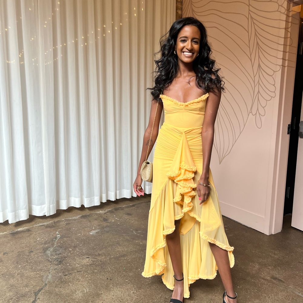 House of CB Gabbi Apricot Ruffled Front Gown